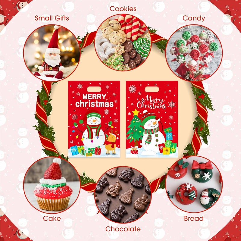 PERFQU 50 Pcs Christmas Gift Bags with Handles - Merry Christmas Goodie Bags, Cute Snowman Plastic Treat Candy Goody Cookie Snack Favor Tote Bag for Winter Xmas Holiday Christma Party Favors Supplies - Image 5